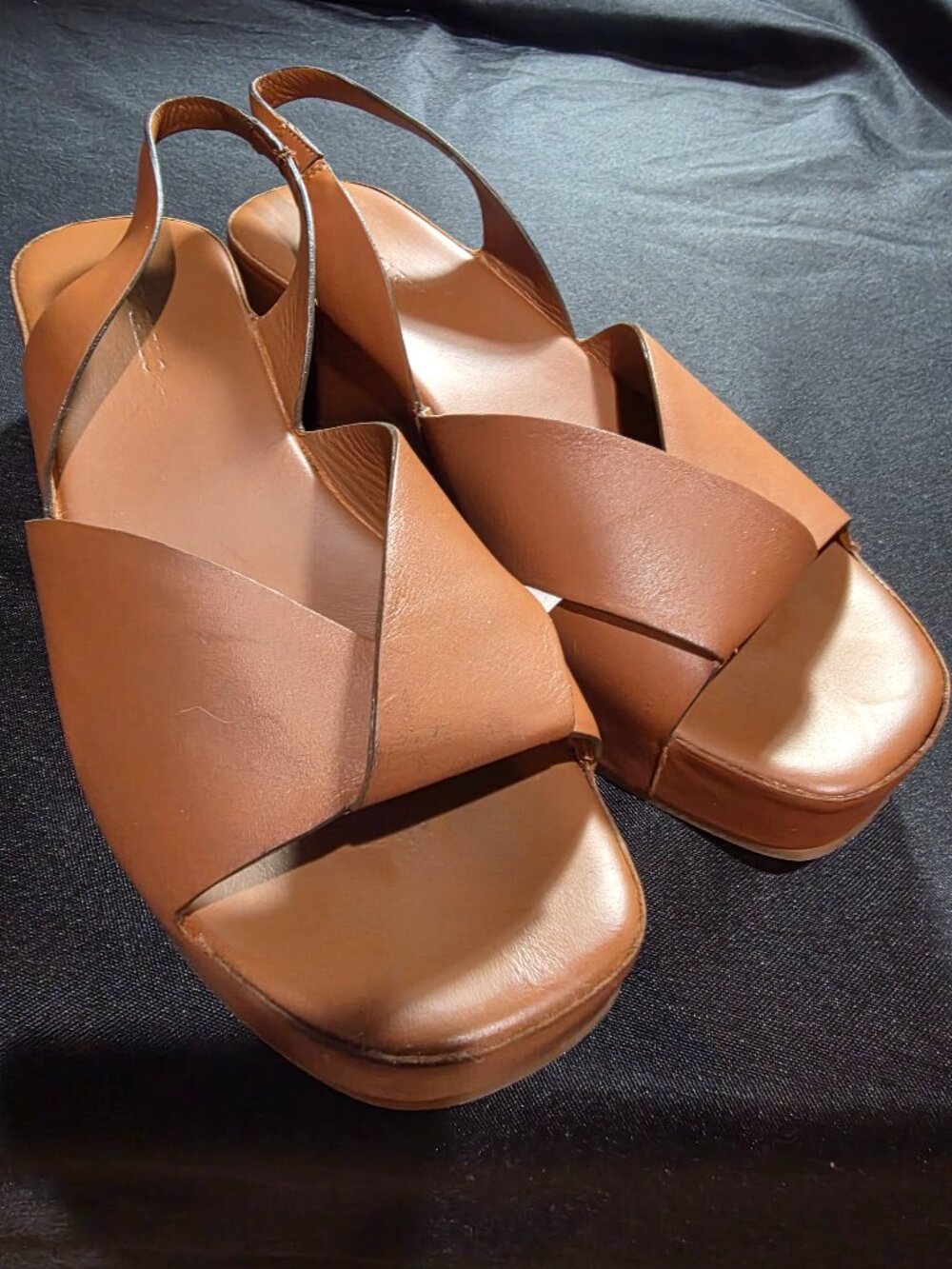 DEL CARLO Italian Tan Brown Leather Crossover Slingback Platform Wedge Sandals ​